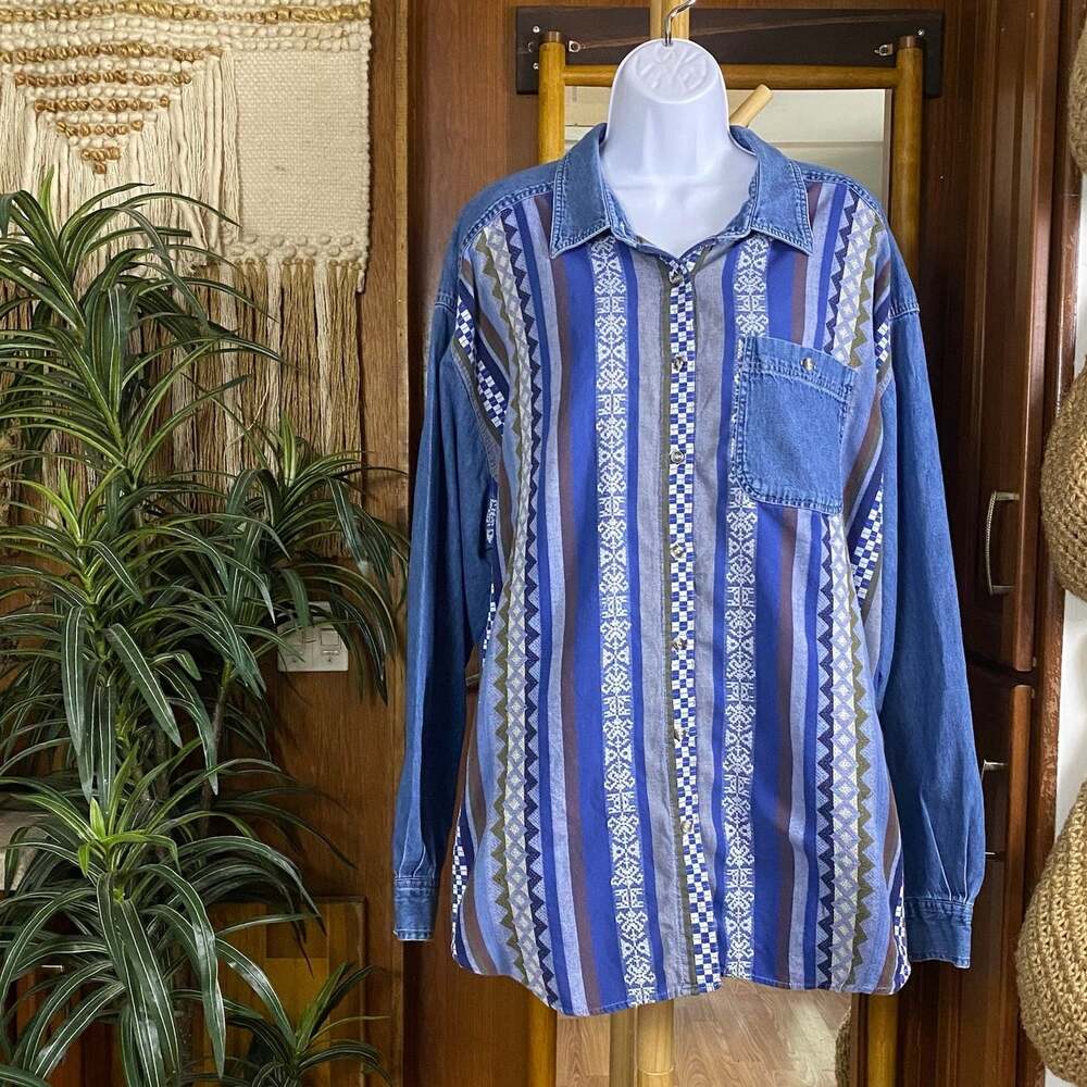 Vintage Southwestern Denim Shirt 24W Blue Folk Stripe Western Button Down Plus